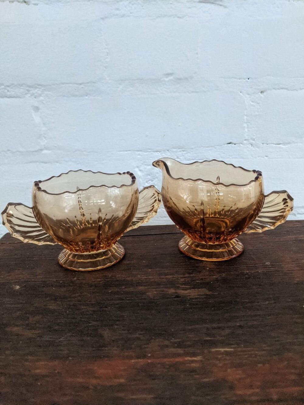 Martinsville Virginia Amber Depression Glass Cream Sugar Bowls 1930s